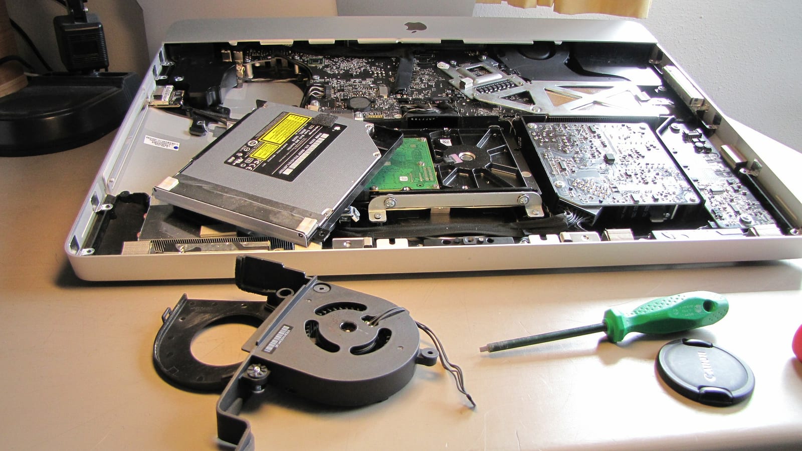 A desktop computer set up on a clean desk